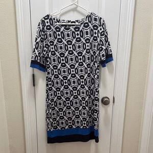 R&K Black & White Geometric Midi Dress with Blue Accents